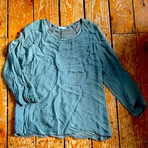 Size S/M - 100% silk long sleeve grey blue silk blouse, made in Italy - Picture 4 of 7